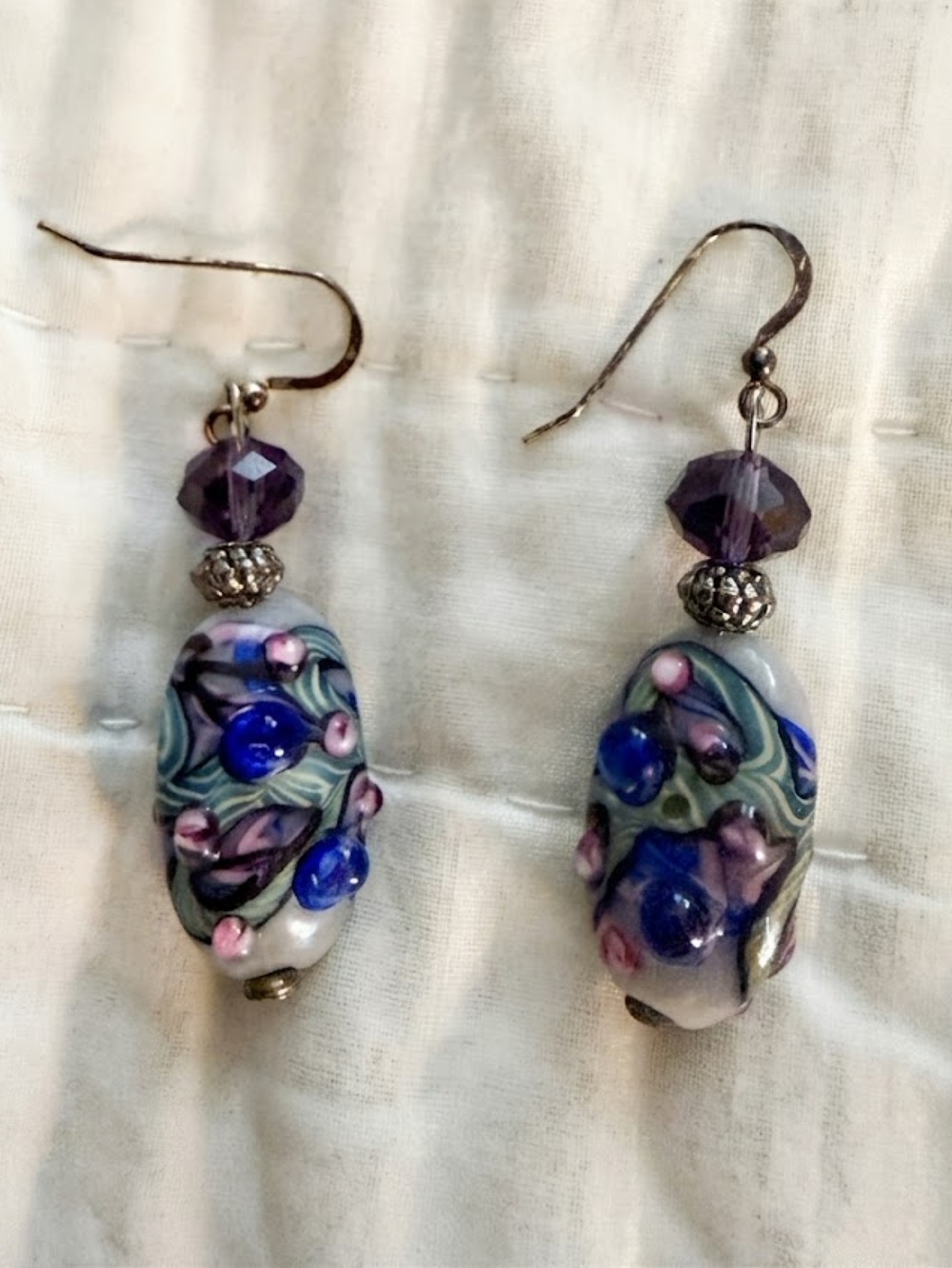 Handcrafted Floral Lampwork Earrings in Purple and Blue Beads